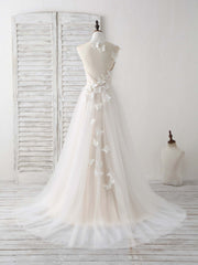 Party Dress Couple, Unique White Round Neck Tulle 3D Lace Applique Long Prom Dresses