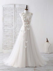 Party Dresses Modest, Unique White Round Neck Tulle 3D Lace Applique Long Prom Dresses