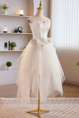 Bridesmaid Dresses Chicago, Unique White Strapless Irregular Tulle Short Prom Dress, White Party Dress