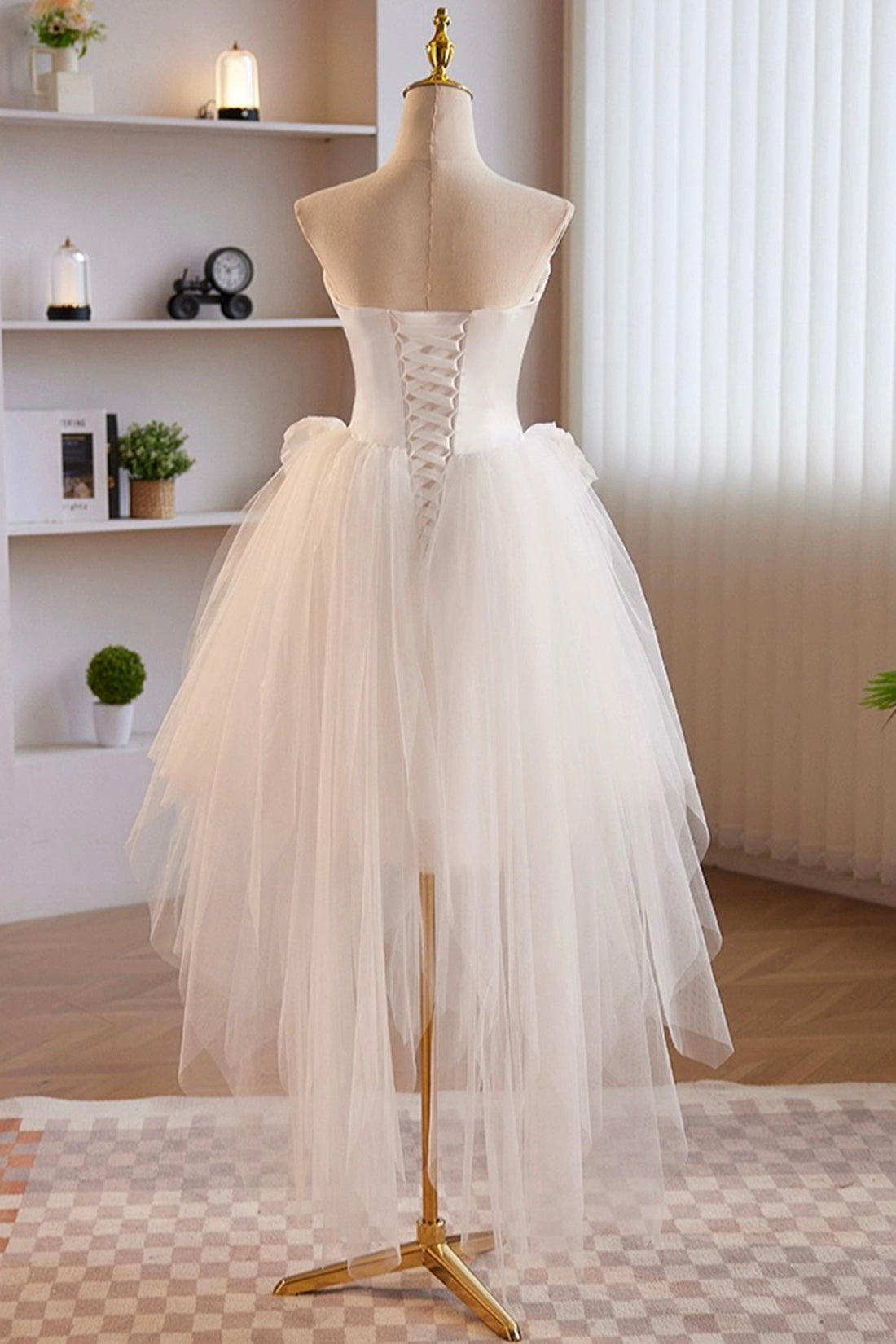 Party Dress Outfits, Unique White Strapless Irregular Tulle Short Prom Dress, White Party Dress