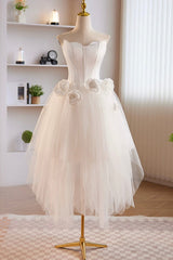 Wedding Pictures, Unique White Strapless Irregular Tulle Short Prom Dress, White Party Dress