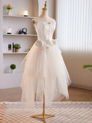 Prom Dress Blush, Unique White Tulle Satin Short Prom Dress, White Homecoming Dress