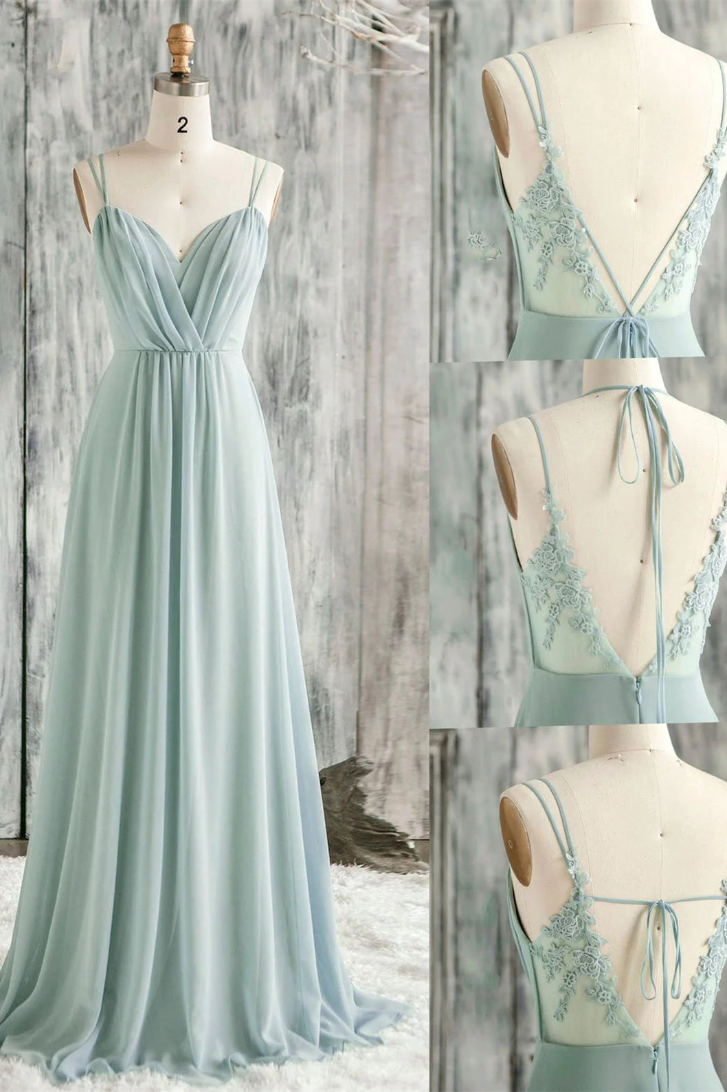 Party Dresses And Jumpsuits, V-Back Double-Strap Sage Green Ruched Chiffon Bridesmaid Dress