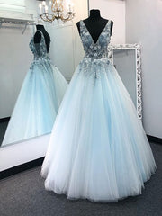 Prom Dresses Stores, V Neck 3D Floral Blue Lace Beaded Long Prom Dresses, Blue Lace Floral Formal Evening Dresses