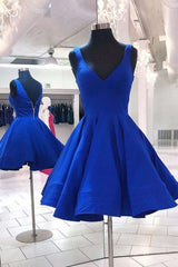 Evening Dress Designer, V Neck and V Back Short Blue Prom Dress, Open Back Blue Homecoming Dress, Blue Formal Evening Dress