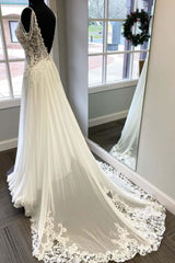 Wedding Dress Designer, V Neck and V Back White Lace Long Prom Dress, White Lace Wedding Dress, Long White Formal Evening Dress