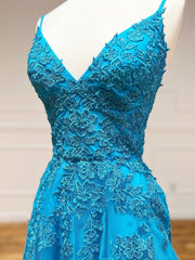 Formal Dressing For Ladies, V Neck Backless Blue Lace Long Prom Dresses, Open Back Blue Lace Long Formal Evening Dresses