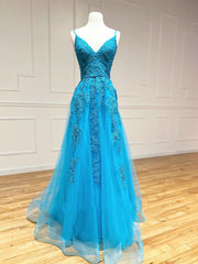 Formal Dress For Ladies, V Neck Backless Blue Lace Long Prom Dresses, Open Back Blue Lace Long Formal Evening Dresses
