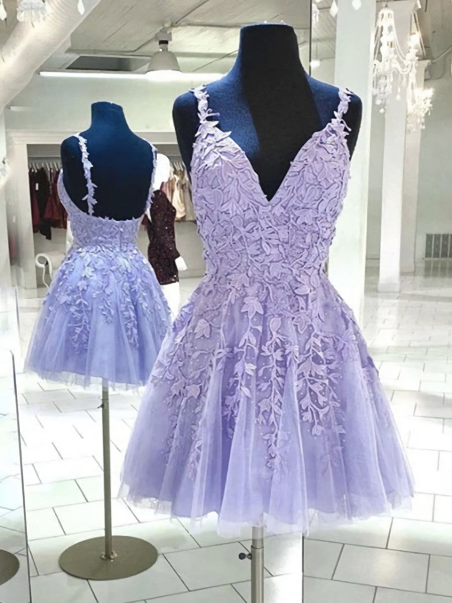 Prom Dresses Tight, V Neck Backless Purple Lace Short Prom Dresses, Open Back Purple Short Lace Formal Homecoming Dresses