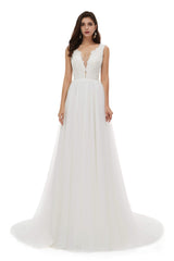 Wedding Dress Shoulder, V-Neck Beaded Lace Beaded Applique Tulle Wedding Dresses