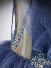 Formal Dresses For Weddings, V Neck Blue Beaded Layered Long Prom Dresses, Blue High Low Formal Graduation Dresses