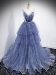 On Piece Dress, V Neck Blue Beaded Layered Long Prom Dresses, Blue High Low Formal Graduation Dresses