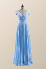 Homecoming Dresses Long, V Neck Blue Chiffon A-line Long Bridesmaid Dress
