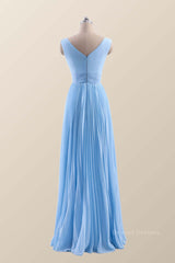 Homecoming Dresses Short, V Neck Blue Chiffon A-line Long Bridesmaid Dress