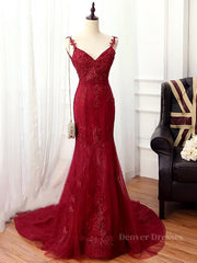 Bridesmaid Dresses Quick Shipping, V Neck Burgundy Mermaid Lace Prom Dresses, Wine Red Mermaid Lace Formal Bridesmaid Dresses