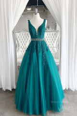 Party Dress For Teens, V Neck Dark Green Lace Prom Dresses, Dark Green Lace Formal Evening Dresses