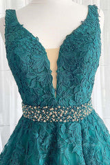 Party Dresses For Teen, V Neck Dark Green Lace Prom Dresses, Dark Green Lace Formal Evening Dresses