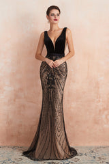 Party Dress Australia, V-Neck Fitted Mermaid Black Prom Dresses with Sequins