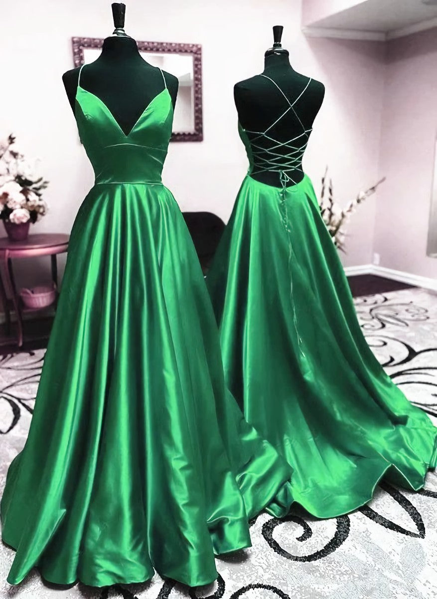 Party Dresses For Girl, V Neck Green Backless A-line Satin Long Prom Dresses