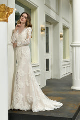 Wedding Dress For Sale, V-Neck High Split Long Sleeves Lace Wedding Dresses With Court Train