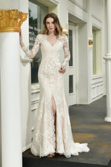 Wedding Dresses Tulle, V-Neck High Split Long Sleeves Lace Wedding Dresses With Court Train