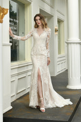 Wedding Dresses For Sale, V-Neck High Split Long Sleeves Lace Wedding Dresses With Court Train