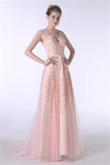 Prom Dressed Ball Gown, V-Neck Lace Applique Tulle A Line Peach Pink Prom Dresses
