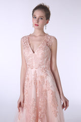 Prom Dresses Purple, V-Neck Lace Applique Tulle A Line Peach Pink Prom Dresses