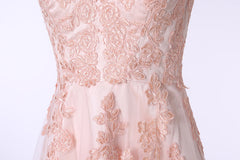 Prom Dresses Laced, V-Neck Lace Applique Tulle A Line Peach Pink Prom Dresses