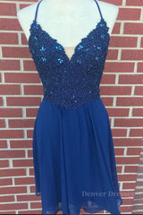 Party Dress And Gown, V Neck Lace Beaded Blue Homecoming Dresses Short Prom Dresses, Blue Lace Graduation Dresses, Blue Formal Dresses, Evening Dresses