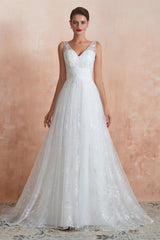 Wedding Dresses Under109, V-Neck Lace Pleated White A-Line Wedding Dresses