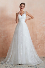 Wedding Dress Under 109, V-Neck Lace Pleated White A-Line Wedding Dresses