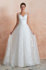 Wedding Dresses Custom, V-Neck Lace Pleated White A-Line Wedding Dresses