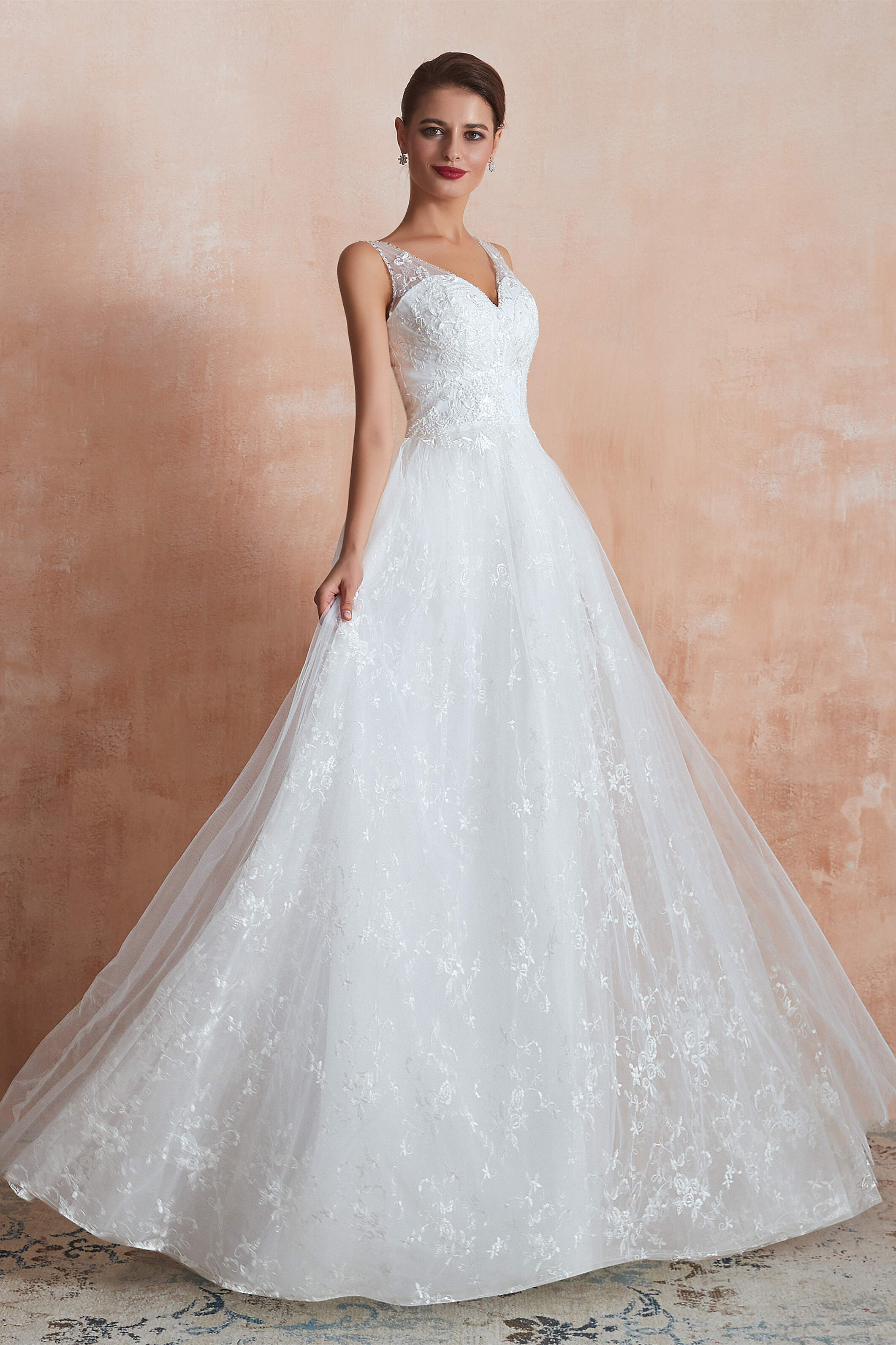 Wedding Dress Customizations, V-Neck Lace Pleated White A-Line Wedding Dresses