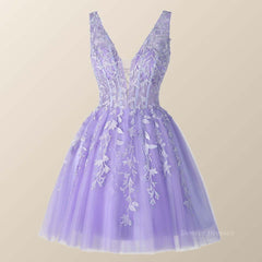 Formal Dresses And Gowns, V Neck Lavender Appliques A-line Short Homecoming Dress