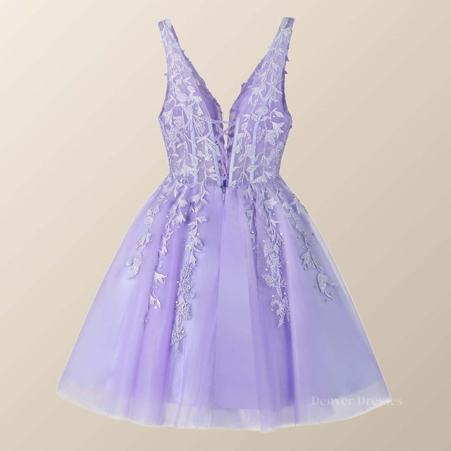 Formal Dress For Weddings, V Neck Lavender Appliques A-line Short Homecoming Dress
