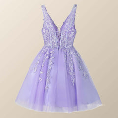 Formal Dress For Weddings, V Neck Lavender Appliques A-line Short Homecoming Dress