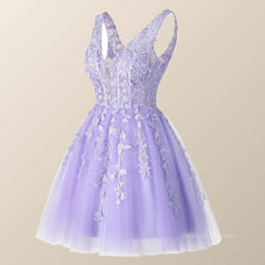 Formal Dresses For Wedding, V Neck Lavender Appliques A-line Short Homecoming Dress