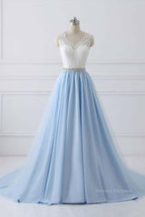 Evening Dress Gown, V Neck Light Blue Lace Prom Dresses, Light Blue Lace Formal Evening Dresses
