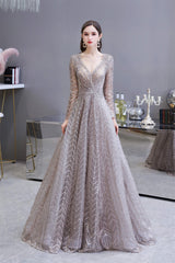 Evening Dress Cheap, V-neck Long Sleeves Floor Length Lace A-line Prom Dresses