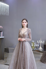 Evening Dresses Formal, V-neck Long Sleeves Floor Length Lace A-line Prom Dresses