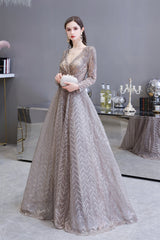 Evening Dress Formal, V-neck Long Sleeves Floor Length Lace A-line Prom Dresses