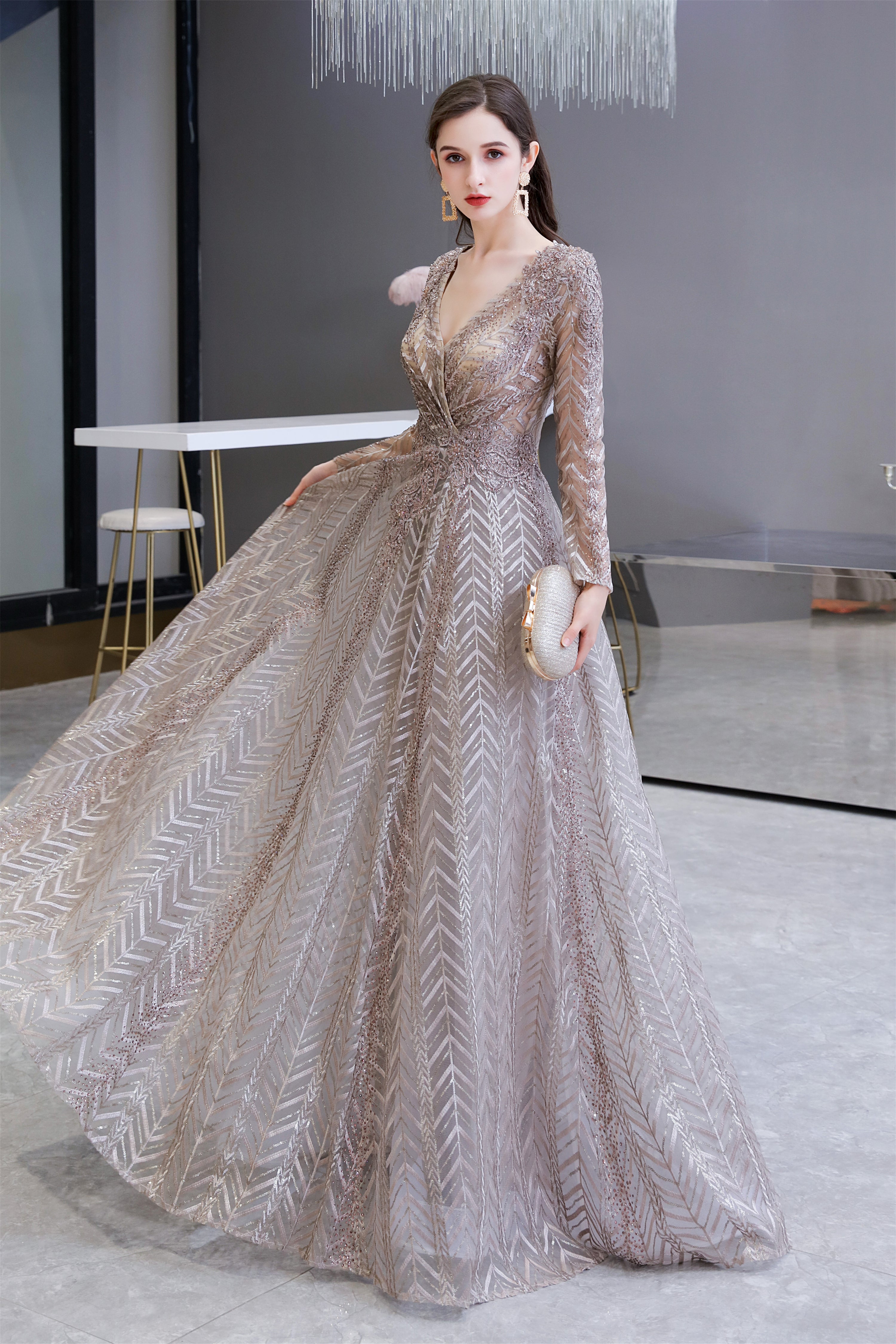 Evening Dresses Online Shop, V-neck Long Sleeves Floor Length Lace A-line Prom Dresses