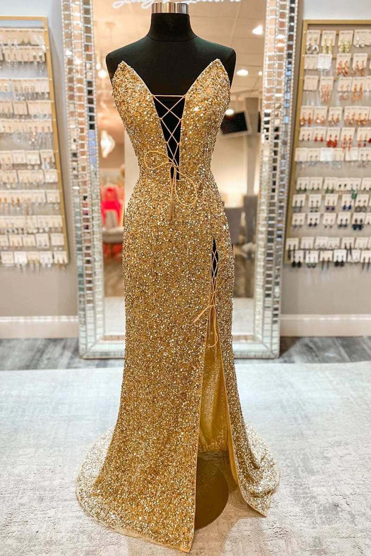 Homecoming Dresses Unique, V Neck Mermaid Golden Sequins Long Prom Dress with High Slit, Mermaid Golden Formal Dress, Gold Sequins Evening Dress