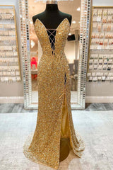 Homecoming Dresses Unique, V Neck Mermaid Golden Sequins Long Prom Dress with High Slit, Mermaid Golden Formal Dress, Gold Sequins Evening Dress
