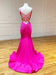 Prom Dress Cheap, V Neck Mermaid Hot Pink Prom Dresses, Hot Pink Mermaid Backless Formal Evening Dresses