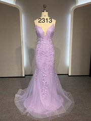 Formal Dresses Wedding Guest, V Neck Mermaid Purple Lace Prom Dresses, V Neck Mermaid Purple Lace Formal Evening Dresses