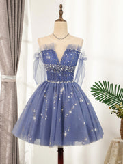 Formal Dress For Woman, V Neck Off the Shoulder Short Blue Prom Dresses, Short Blue V Neck Graduation Homecoming Dresses