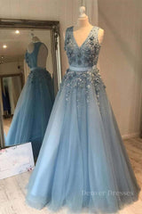 Prom Dresses Off The Shoulder, V Neck Open Back Beaded Blue Long Prom Dress with 3D Flowers, Open Back Blue Formal Graduation Evening Dress