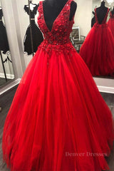 Dream, V Neck Open Back Beading Red Long Prom Dress with 3D Flower, V Neck Red Formal Dress, Red Evening Dress
